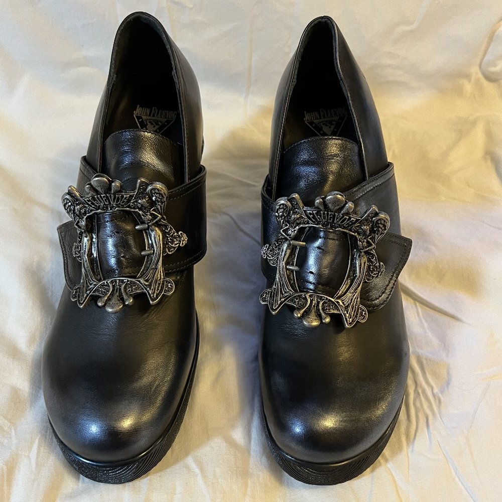 FLUEVOG MISSION - ENGLE - ANGEL WEDGE HEEL W/BUCKLE - BLUE METALLIC COLOR SZ 10